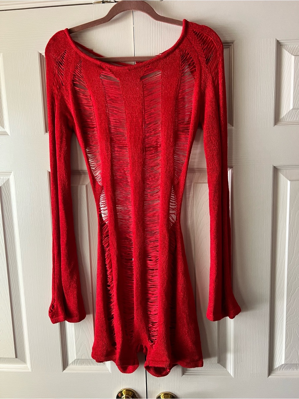Red Distressed Open-Weave Romper Jumpsuit
